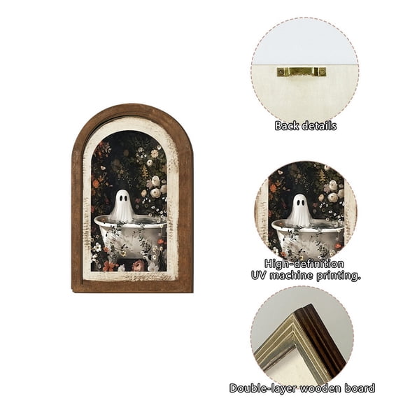 Vintage Halloween Wooden Arched Framed Ghost Wall Art,4.92" x 7.87" | Ghost Decor Picture,Vintage Room Decor,Artwork for Mantel Tabletop