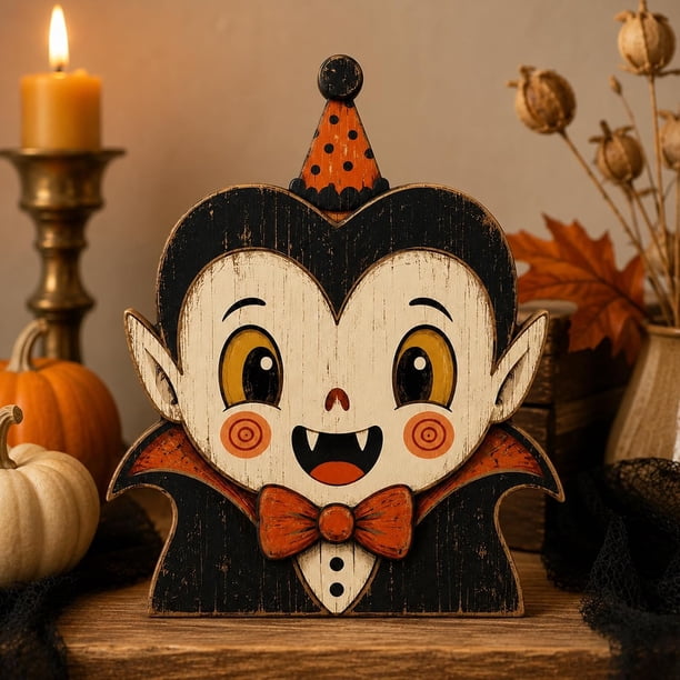 Vintage Halloween Wooden Character Tabletop Decor - Retro Pumpkin