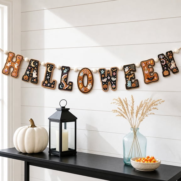 Vintage Halloween Wooden Garland Banner, Retro Spooky Wood Bunting, Pumpkin Porch Sign, Gothic Halloween Door Hanger