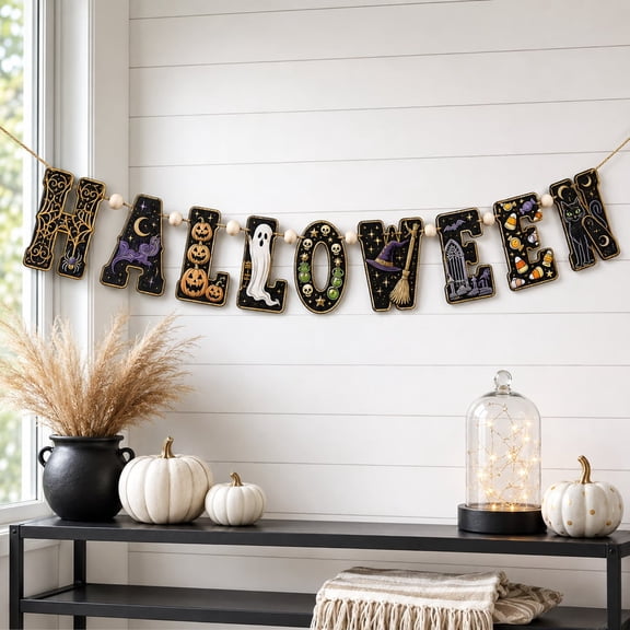 Vintage Halloween Wooden Garland Banner, Spooky Halloween Decor, Pumpkin Ghost Witch Garland, Halloween Party Decor, Halloween Door Hanger