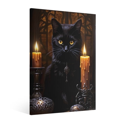 Vintage Halloween black cat Canvas Wall Art Painting, Gothic Print ...