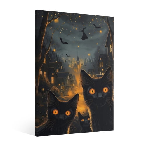 Vintage Halloween black cat,Canvas Wall Art Painting, Horror Creepy Dark Poster, Halloween Gothic Artwork Picture Print Decor, Spooky Ghost Wall Decor for Bar Living Room Bedroom Party Framed