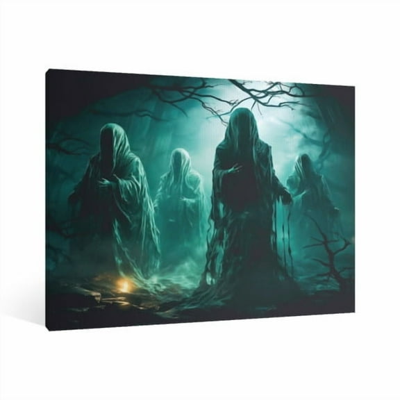 Vintage Halloween forest Ghost Canvas Wall Art Painting ,Gothic Print Pictures for Home Wall Decor Retro Horror Creepy Dark Posters for Living Room Bedroom Bar Home Halloween Party Decor Framed