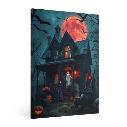 Vintage Halloween haunted house Canvas Wall Art Painting, Retro Horror Creepy Dark Poster, Gothic Artwork Picture Print Decor, Spooky Ghost Wall Decor for Bar Living Room Bedroom Party Framed 