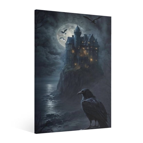Vintage Halloween haunted house,crow Canvas Wall Art Painting, Retro Horror Creepy Dark Poster, Gothic Artwork Picture Print Decor, Spooky Ghost Wall Decor for Bar Living Room Bedroom Party Framed 