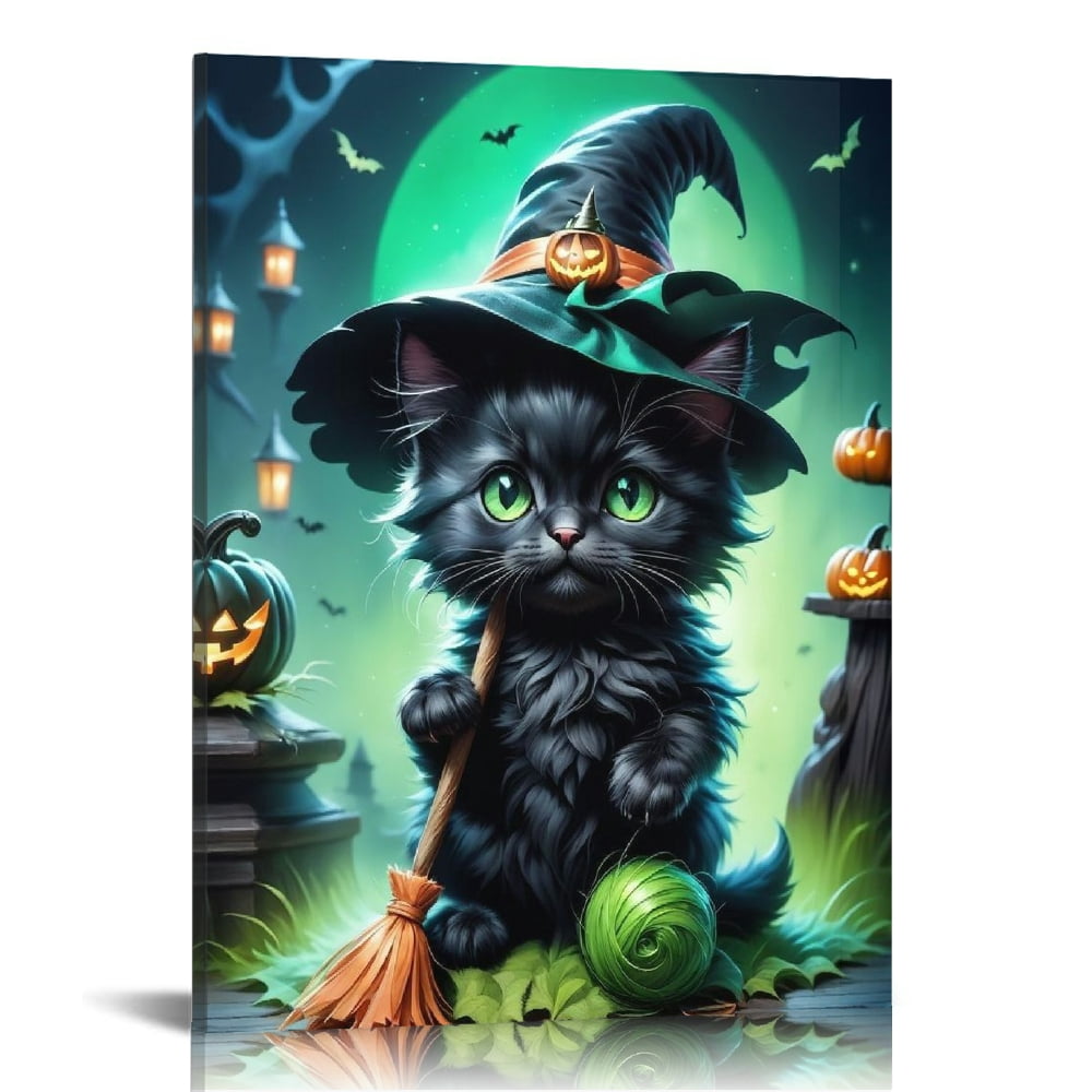 Vintage Halloween magic Black Cat Canvas Wall Art Painting,Gothic Print ...