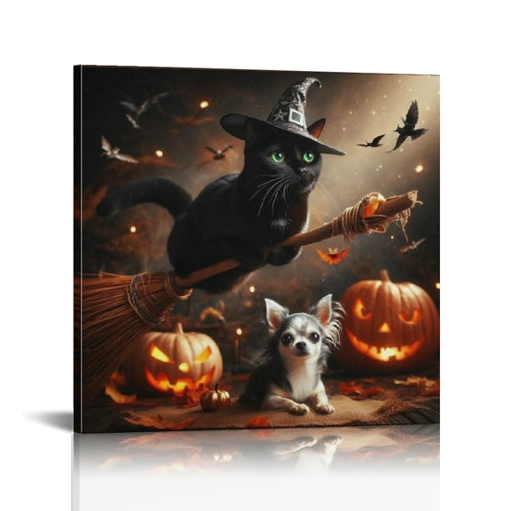 Vintage Halloween magic Black Cat and Pumpkin Canvas Wall Art Painting,Gothic Print Pictures for Home Wall Decor Horror Creepy Dark Posters for Living Room Home Halloween Party Decor Framed