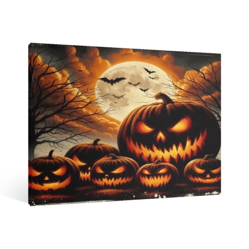 Vintage Halloween pumpkin lantern Canvas Wall Art Painting,Horror Creepy Dark Poster,Gothic Artwork Picture Print Decor,Spooky Ghost Wall Decor for Bar Living Room Bedroom Party Framed