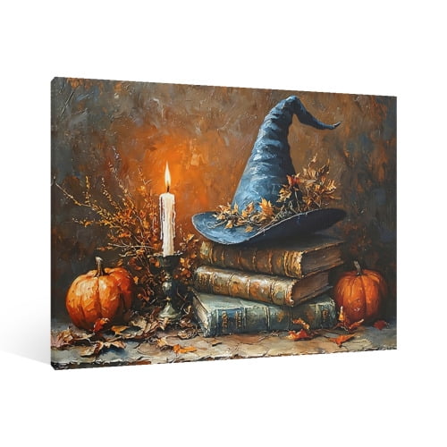 Vintage Halloween witch hat Canvas Wall Art Painting, Gothic Print Pictures for Home Wall Decor Horror Creepy Dark Posters for Living Room Bedroom Bar Home Halloween Party Decor Framed