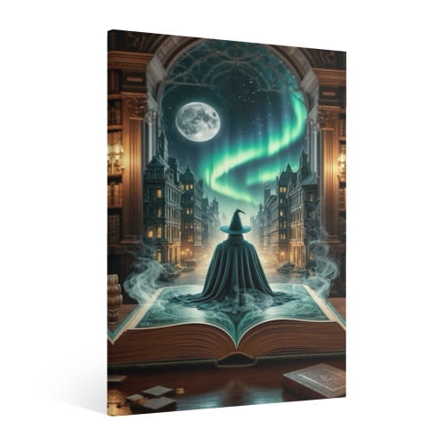 Vintage Halloween wizard Canvas Wall Art Painting, Retro Horror Creepy Dark Poster, Halloween Gothic Artwork Picture Print Decor, Spooky Ghost Wall Decor for Bar Living Room Bedroom Party Framed 