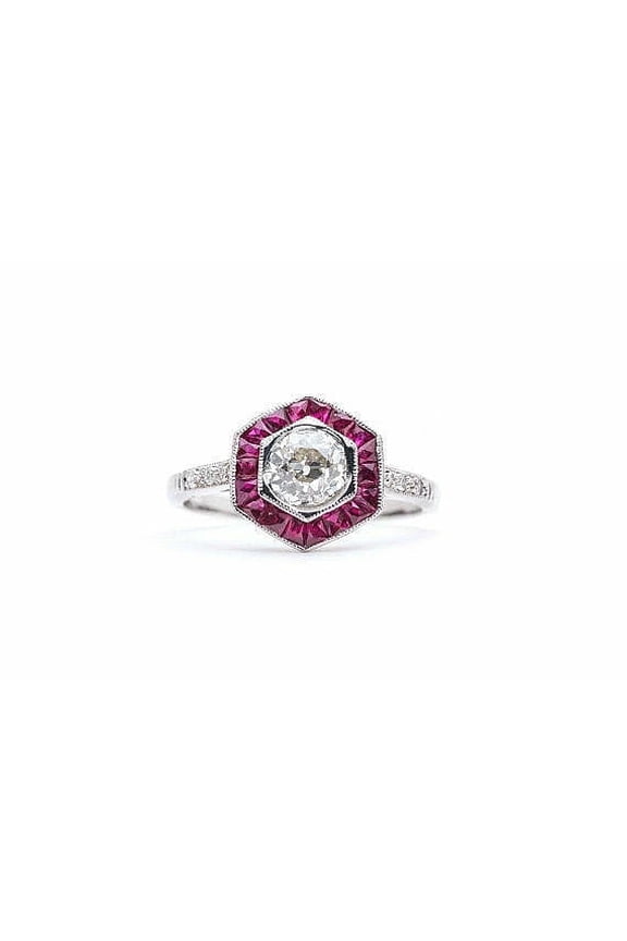 Vintage Halo Diamond Engagement Ring, Hexagon Art Deco Diamond Wedding Ring, Daily Wear Promise Proposal Diamnd Ring, Women's Accents Anniversary Ring For Her Birthday Gift's, 2.2 Ct Simulated Round Cut Diamond & Ruby, 14K White Gold Plated