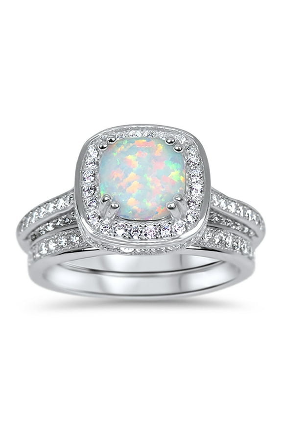 Vintage Halo Sterling Silver White Opal Wedding Engagement Ring Set for Women 6