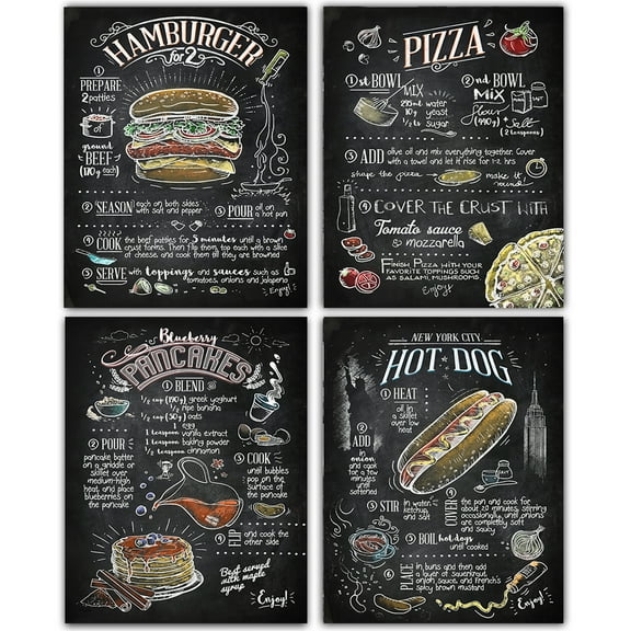 Vintage Hamburg Pizza Hotdog Food Set of 4 Posters Prints Canvas Painting Wall Art French Fries Pasta Menu Kitchen Home Restaurant Decor Unframed