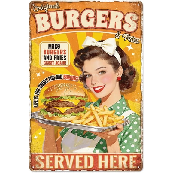 Vintage Hamburger Pin-Up Metal Tin Sign, Retro Diner Wall Art, 8 x 12 Inch Fast Food Poster Decor for Restaurant, Bar, Garage, Kitchen