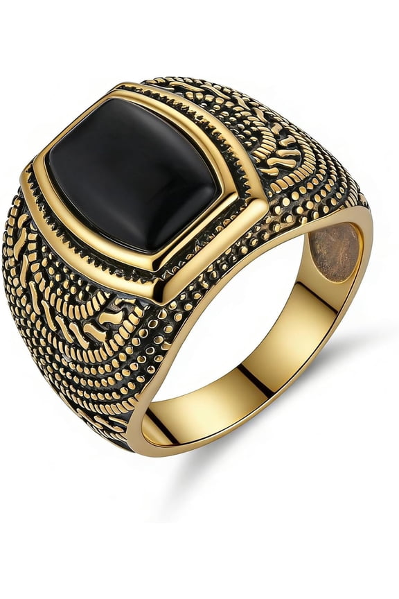 Vintage Hammered Texture Signet Ring, Distressed Gold Stainless Steel Wide Band with  Black Onyx, Durable Retro Gentleman Ring for Office & Street Style Size 6-13