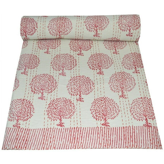 Vintage Hand Block Print Queen Kantha Quilt Indian Quilt Cotton Kantha Throw Kantha Blanket Handmade Quilt King Size Kantha Bedspread