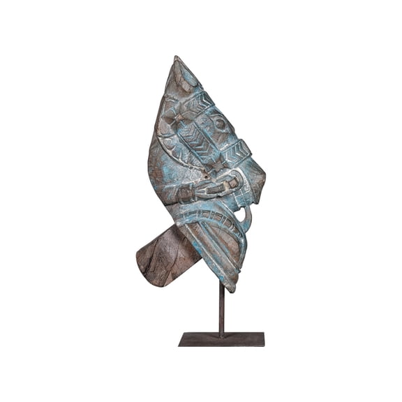 Vintage Hand Carved Horse Corbel On Stand | Distressed Blue Wooden Table Decor | Farmhouse Country Decoration | Rustic Equestrian Gift