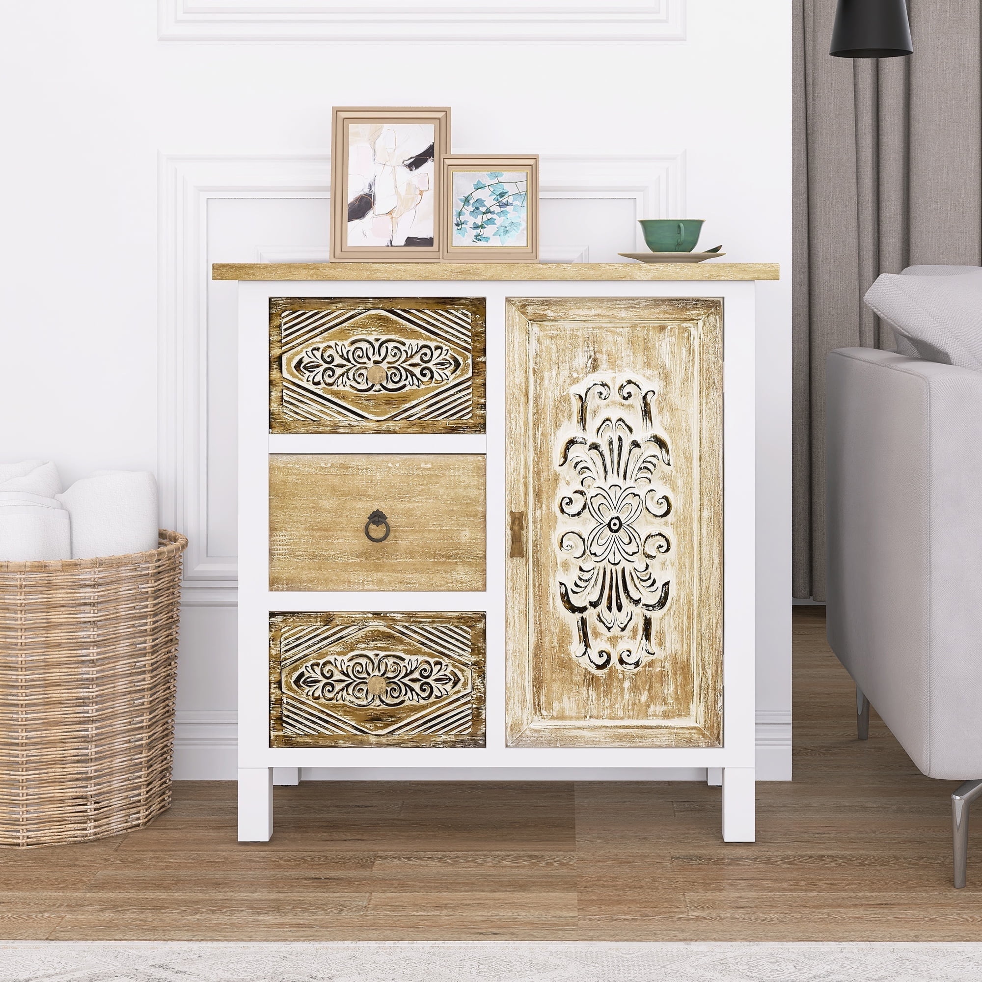 Vintage Hand-Carved One Door Accent Cabinet With Three Drawers