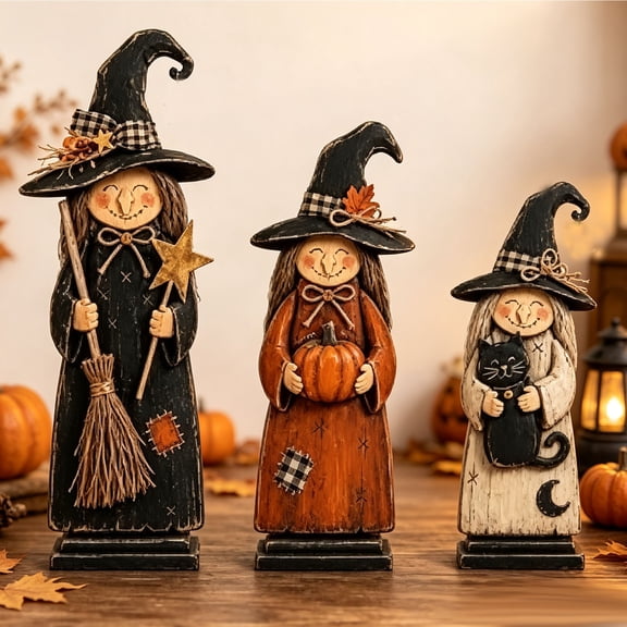 Vintage Hand Carved Wooden Witch Figurine, Folk Art Standing Witch Statue, Tabletop Decor for Shelf Mantel Fall Halloween Home Decoration Gift