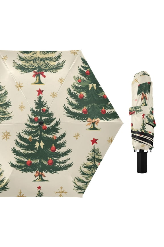 Vintage Hand Drawn Christmas Trees Snowflakes All Weather Umbrella Triple Folding Parasol 6 Ribs UV Protection Portable