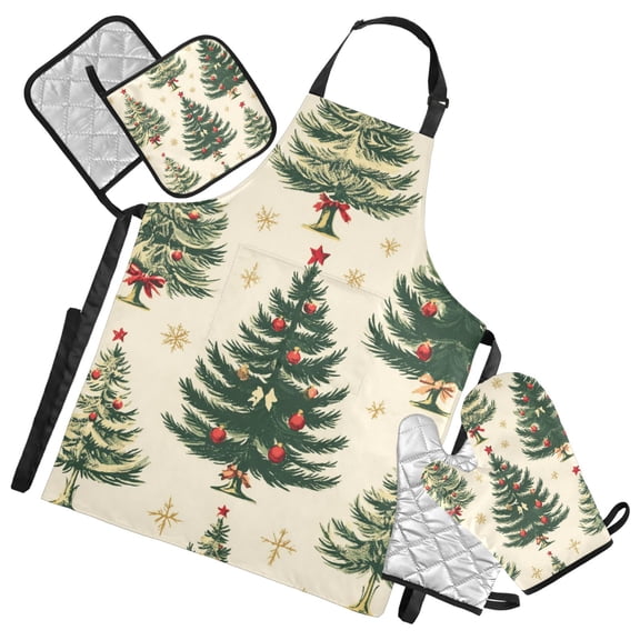 Vintage Hand Drawn Christmas Trees Snowflakes Apron Set with Oven Mitts Pot Holders Set of 5 Kitchen Stuff Accessories