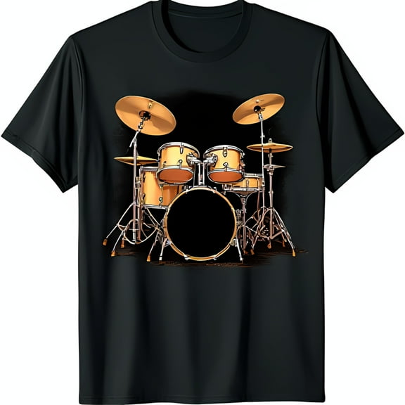 Vintage Hand Drawn Classic Drum Set Graphic Black T-Shirt for Music Lovers