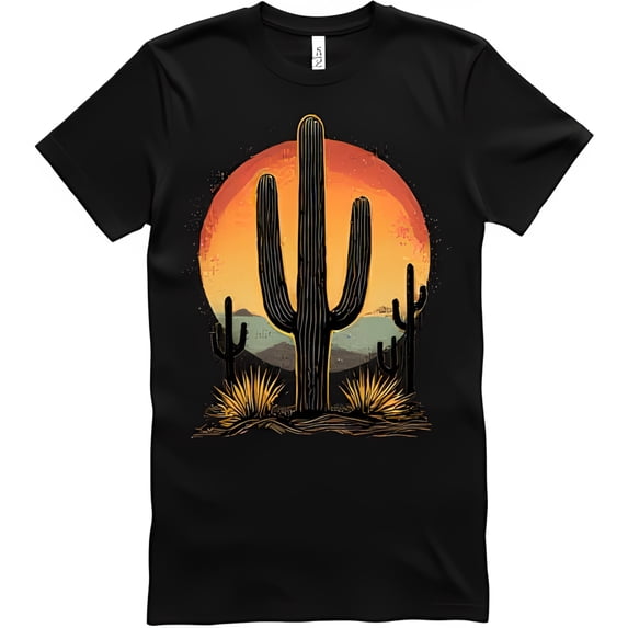Vintage Hand Drawn Desert Scene Black T-Shirt with Cactus & Sunset Graphic