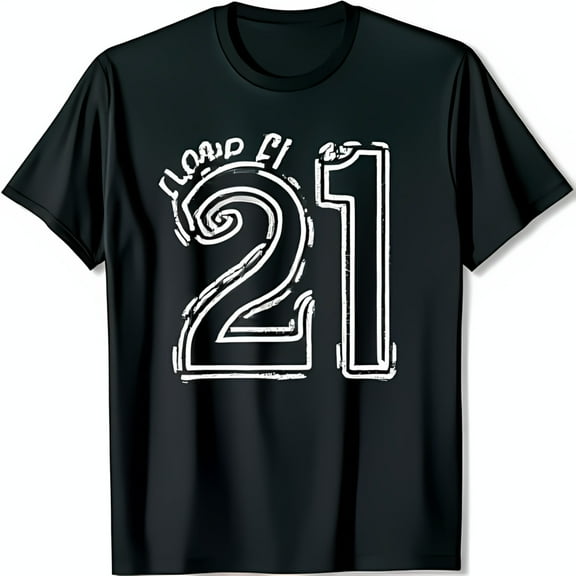 Vintage Hand Drawn Style Black T-Shirt with White Outline Number 21