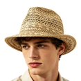 thumbnail image 1 of Vintage Hand‑Knitted Paper‑Straw Fedora Hat Men Wide Brim Casual Holiday Beach Outdoor Sun‑Protection Straw Hat, 1 of 8