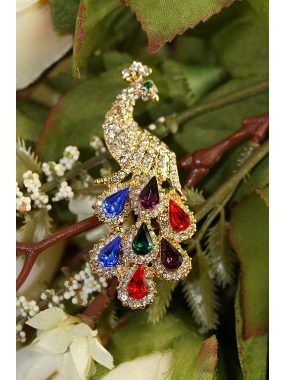 Vintage Hand Made Diamond Ruby Emerald Sapphire Amethyst Rhinestone Peacock Pin Brooch, Crystal Peacock Brooch Jewelry Gift
