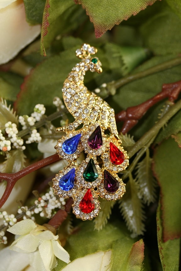 Vintage Hand Made Diamond Ruby Emerald Sapphire Amethyst Rhinestone Peacock Pin Brooch, Crystal Peacock Brooch Jewelry Gift