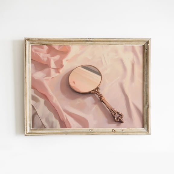 Vintage Hand Mirror Blush Pink Vanity Wall Art, Unframed Canvas Size 8x12
