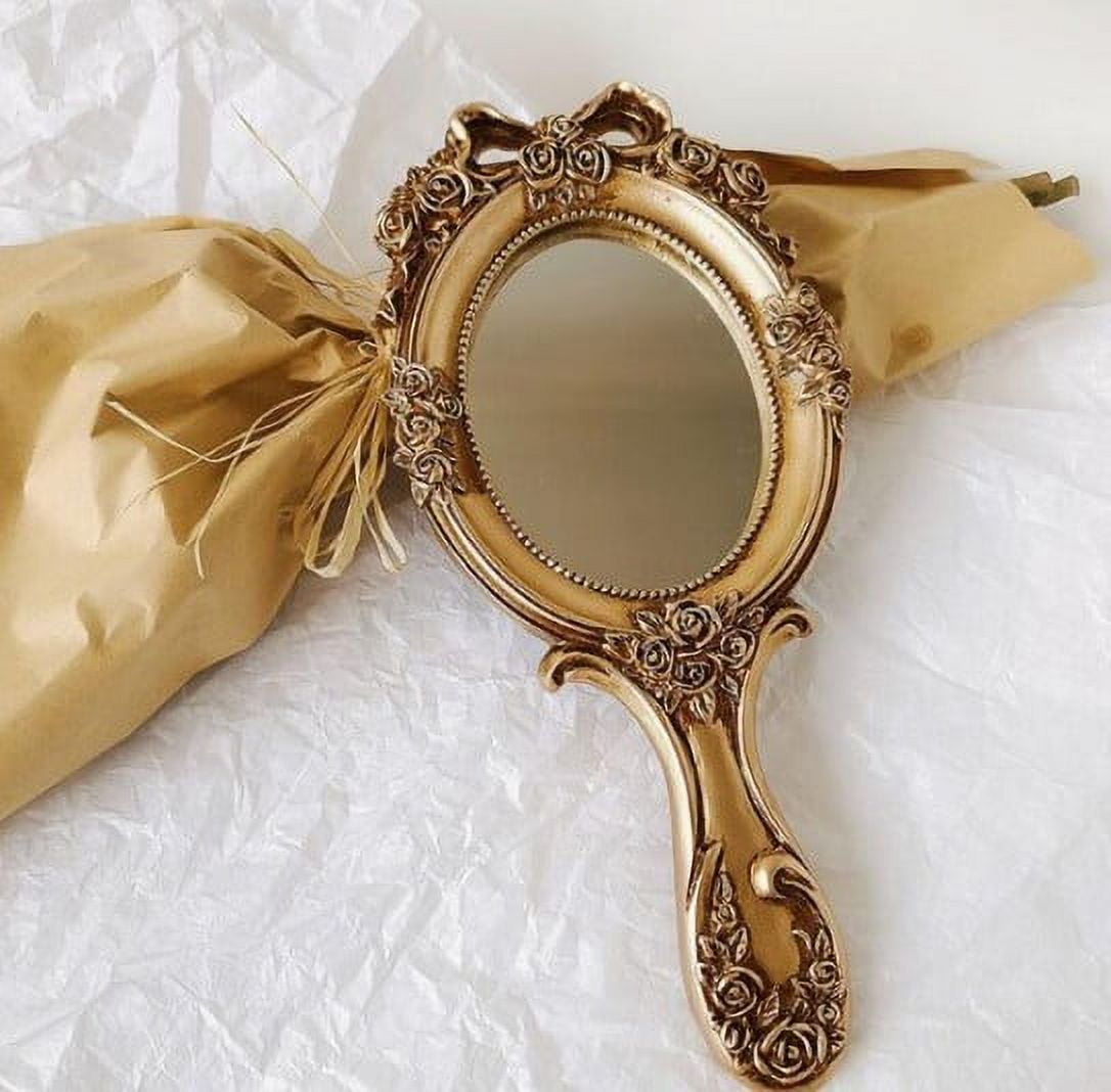 Vintage Hand Mirror with Embossed Pattern Handheld Makeup Mirror
