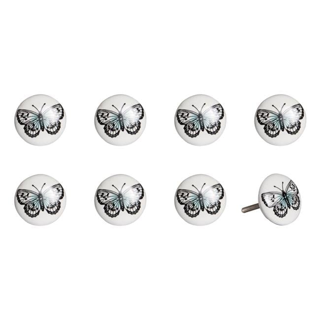 Vintage Hand Painted Ceramic Knob Set - Black & Blue Butterfly - Pack of 8