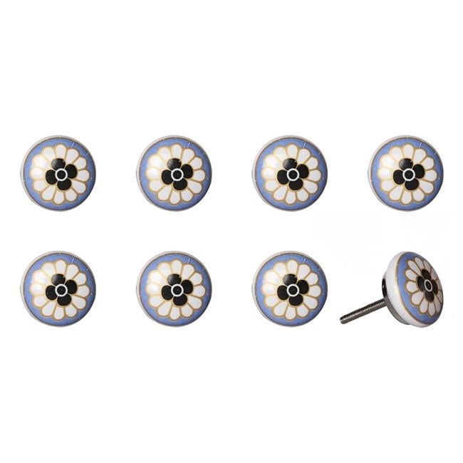 Vintage Hand Painted Ceramic Knob Set - Black & Blue Daisy - Pack of 8
