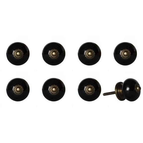 Vintage Hand Painted Ceramic Knob Set - Distressed Black - Pack of 8