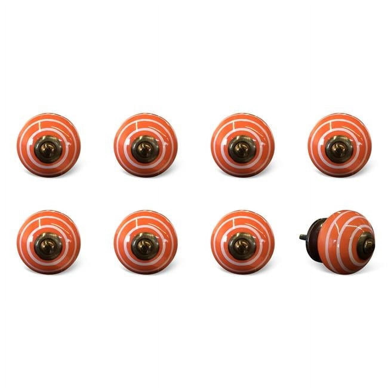 Vintage Hand Painted Ceramic Knob Set - Orange & White Circles - Pack of 8
