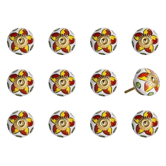 Vintage Hand Painted Ceramic Knob Set - Orange & White - Pack of 12