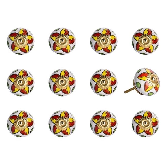 Vintage Hand Painted Ceramic Knob Set - Orange & White - Pack of 12