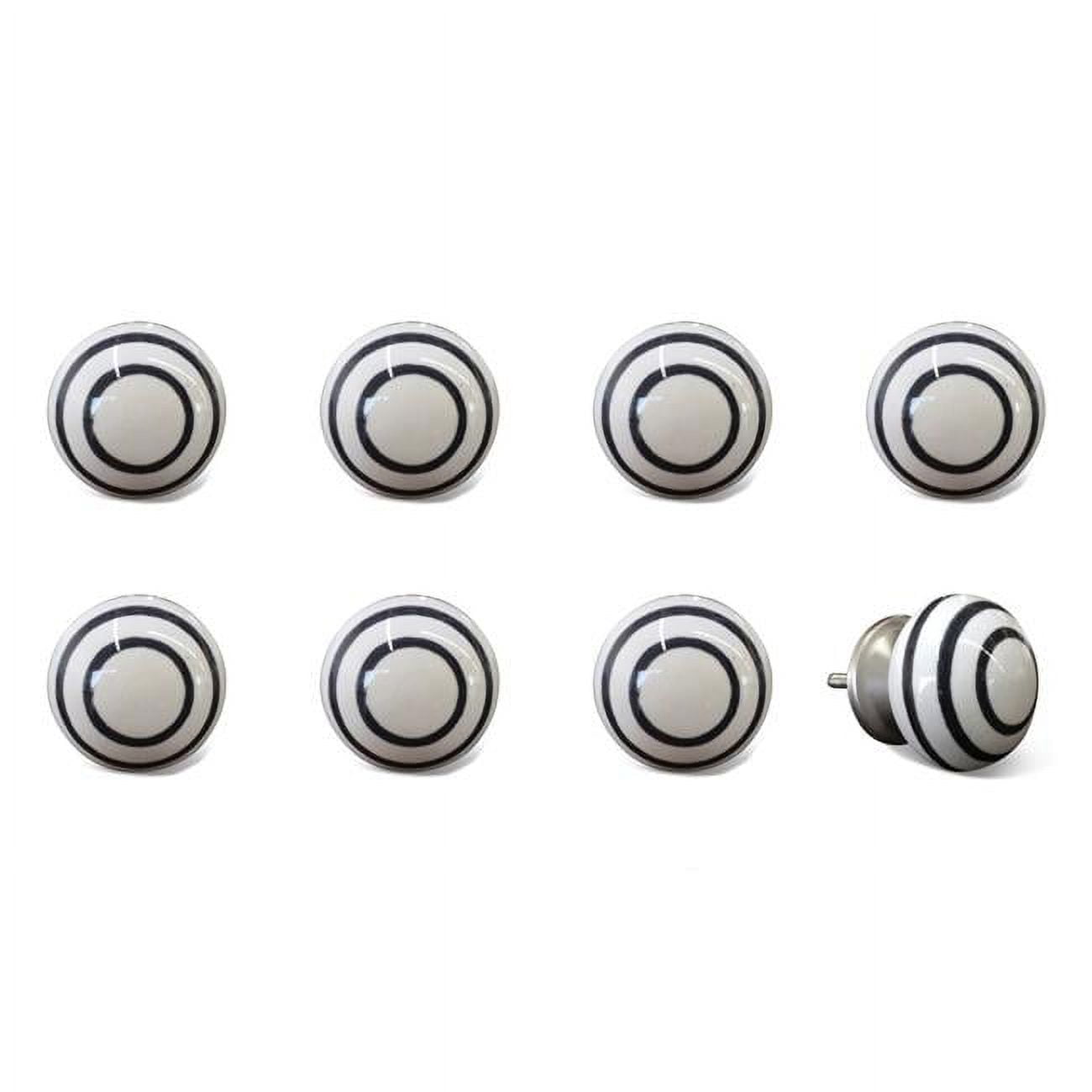 Vintage Hand Painted Ceramic Knob Set - White & Black Circles - Pack of 8