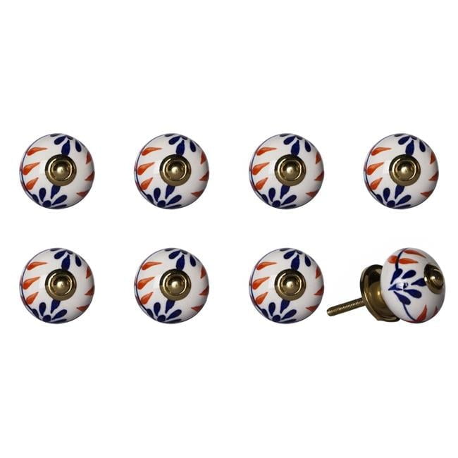 Vintage Hand Painted Ceramic Knob Set - White, Blue & Orange - Pack of 8