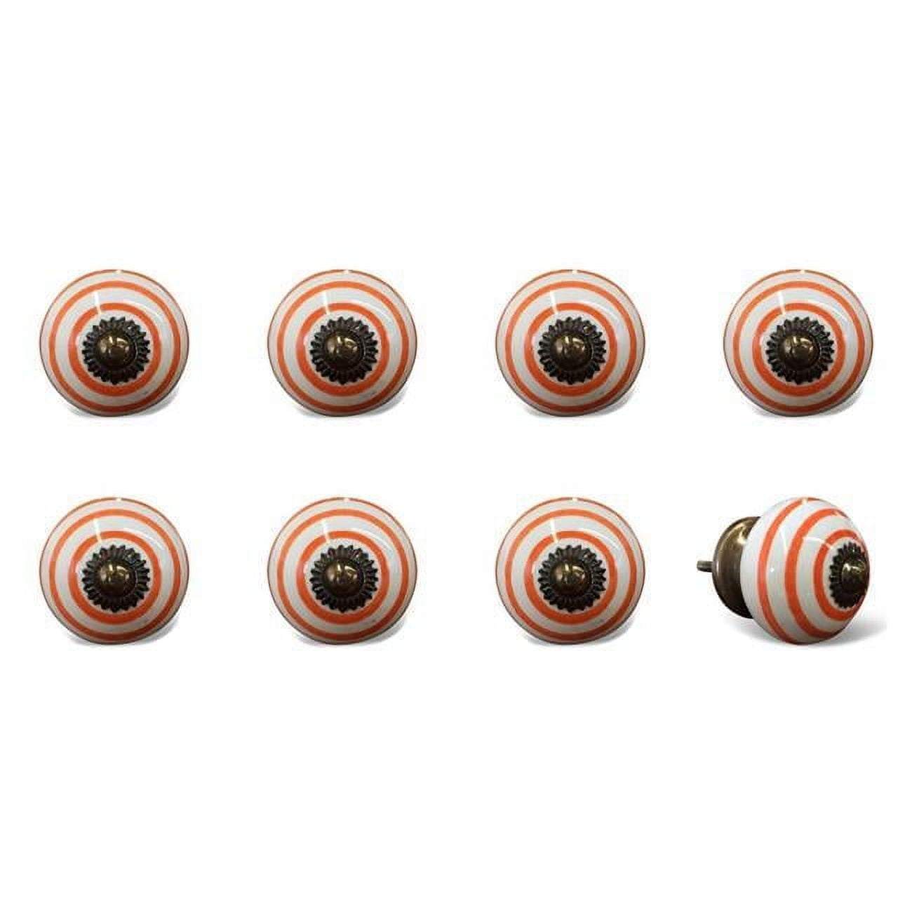 Vintage Hand Painted Ceramic Knob Set - White & Orange Circles - Pack of 8