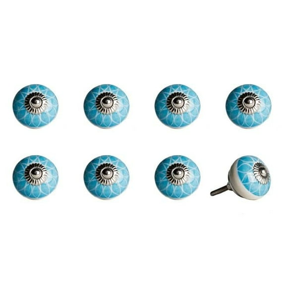 Vintage Hand Painted Ceramic Round Knob Set - Aqua & White - Pack of 8