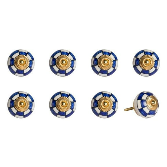 Vintage Hand Painted Ceramic Round Knob Set - Blue, Black & Gold - Pack of 8
