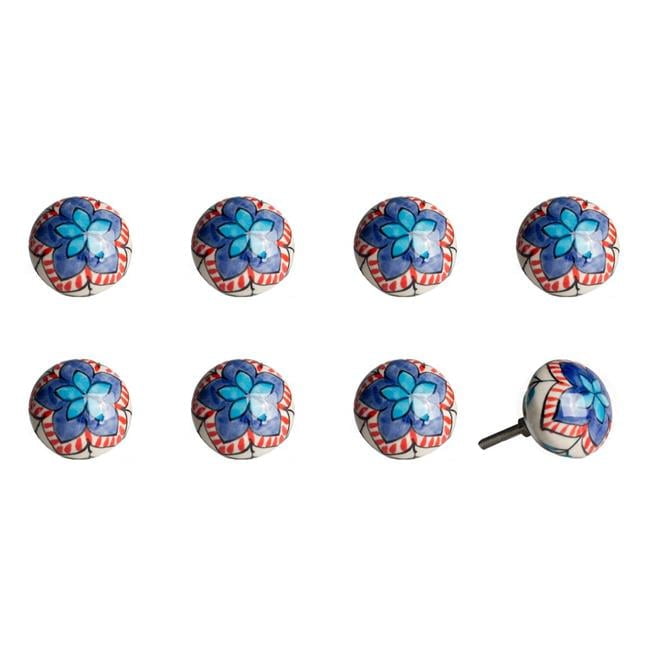 Vintage Hand Painted Ceramic Round Knob Set - Blue & Orange - Pack of 8