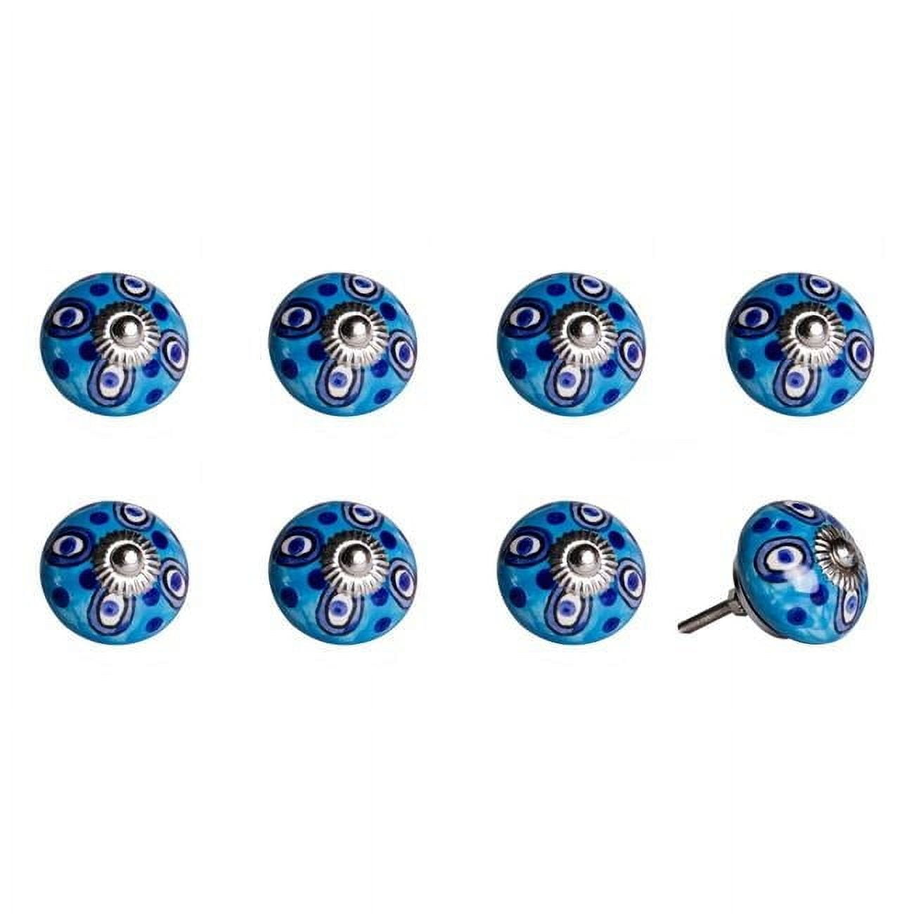 Vintage Hand Painted Ceramic Round Knob Set - Blue - Pack of 8