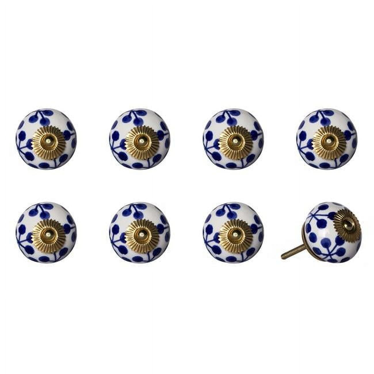 Vintage Hand Painted Ceramic Round Knob Set - Blue, White & Gold - Pack of 8