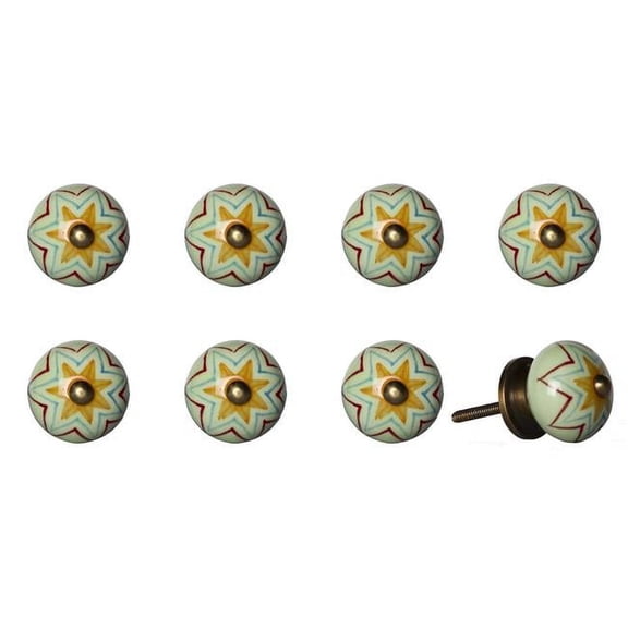 Vintage Hand Painted Ceramic Round Knob Set - Green & Orange Star - Pack of 8