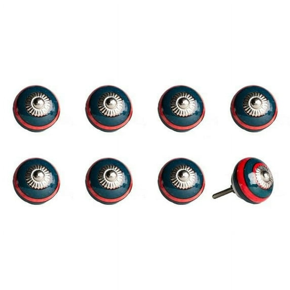 Vintage Hand Painted Ceramic Round Knob Set - Navy & Red - Pack of 8