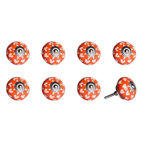 Vintage Hand Painted Ceramic Round Knob Set - Orange & White - Pack of 8